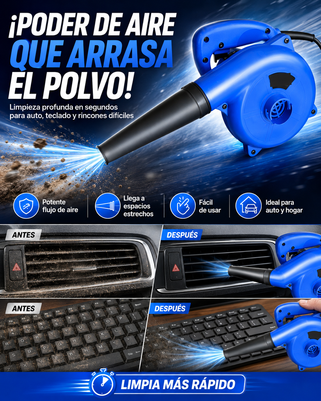 Aspirador eléctrico 2 en 1 para Teclados, Computadores, Auto y todos los Rincones Difíciles